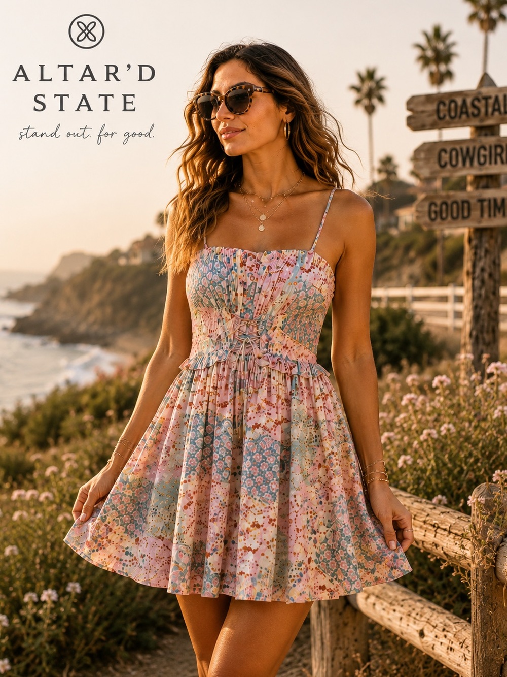 Altar’d State Audrey Floral Patchwork Smocked Corset Mini Dress NWT XS Boho  R